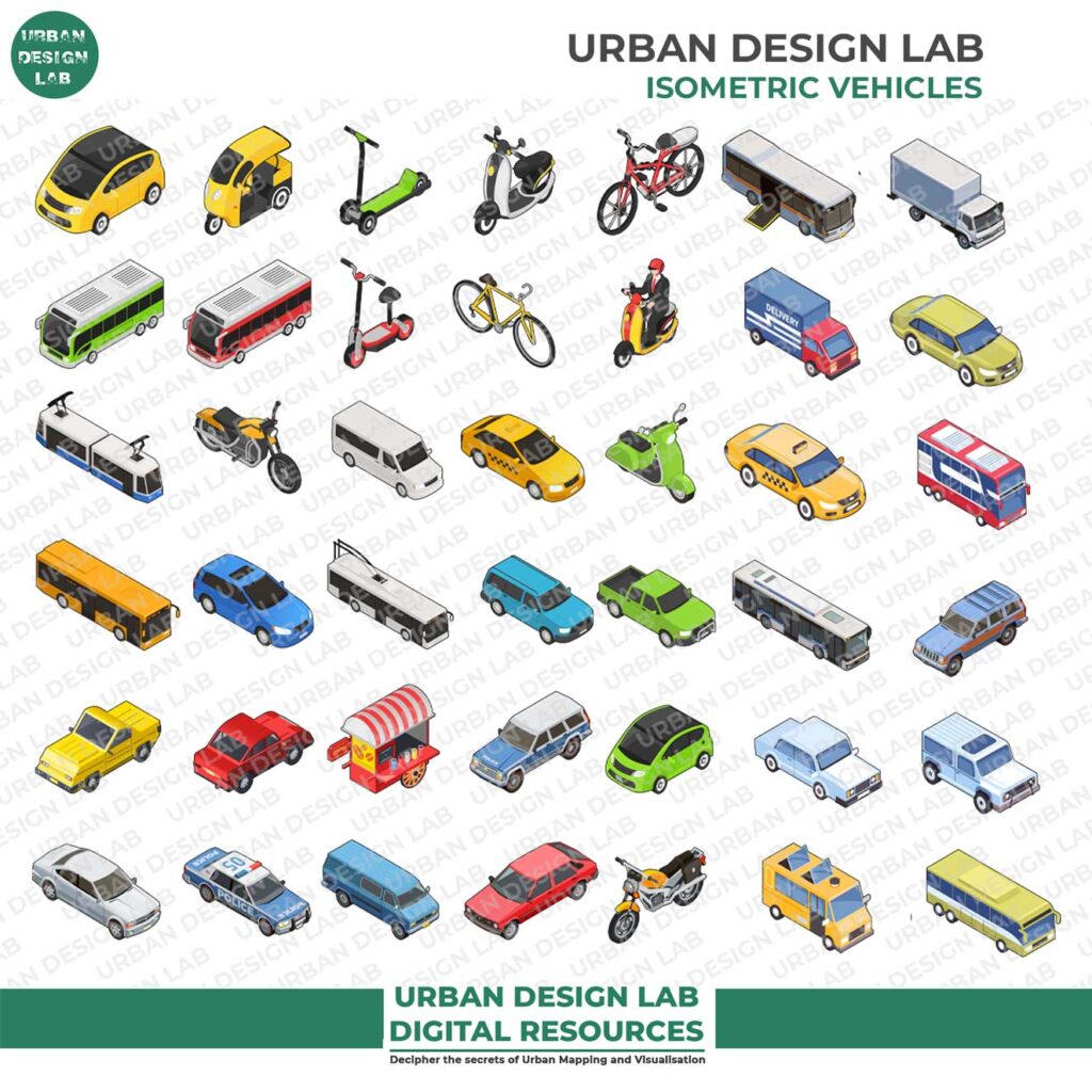 Set of 45 Illustrated Isometric Vehicles 