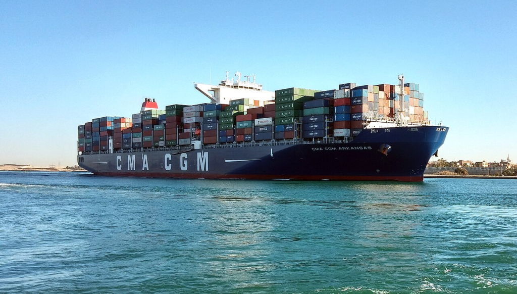 Container ship CMA CGM Arkansas transiting the Suez Canal, illustrating the geographical concentration of maritime trade within a narrow shipping passage