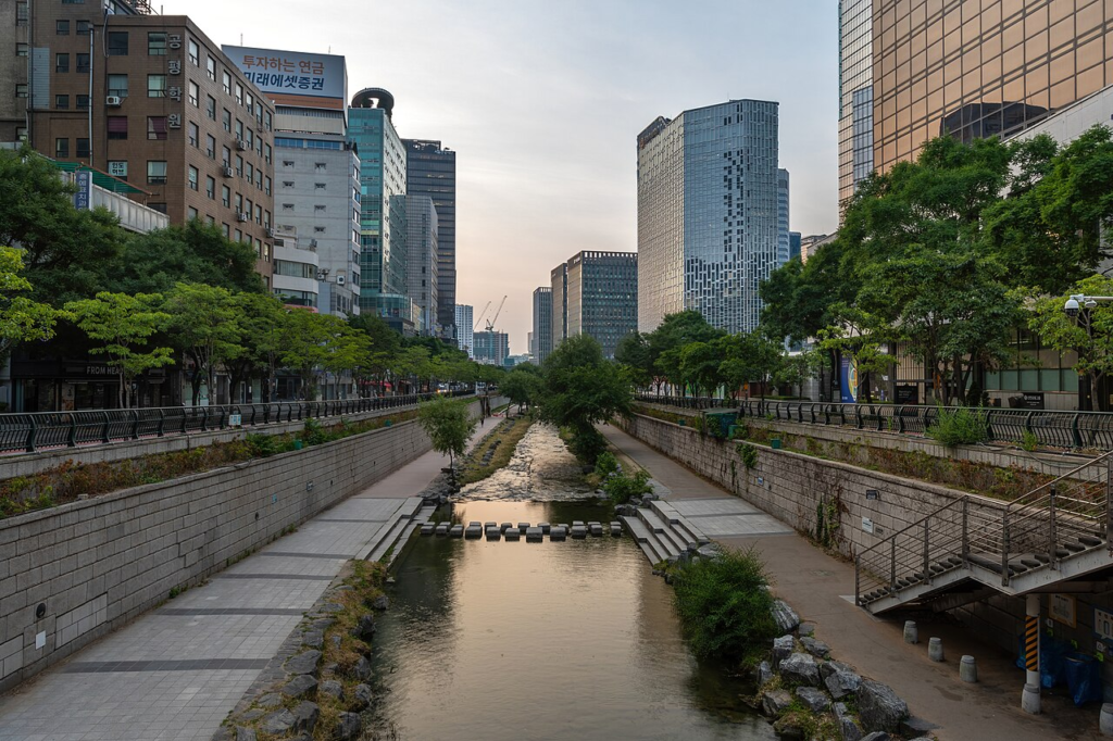 Cheonggyecheon stream and its pedestrian river corridor in central Seoul