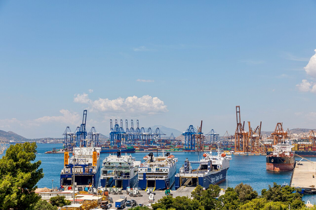 Contemporary view of the container terminals and passenger facilities at the Port of Piraeus, photographed from the Keratsini hills