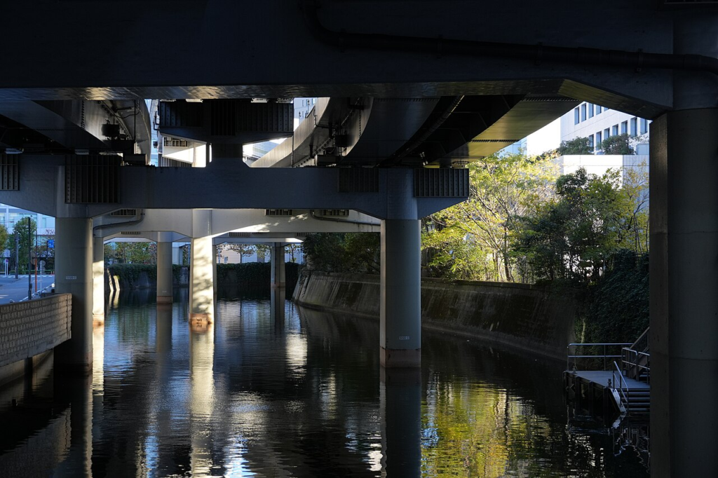 Metropolitan Expressway structure running directly above the Nihonbashi River