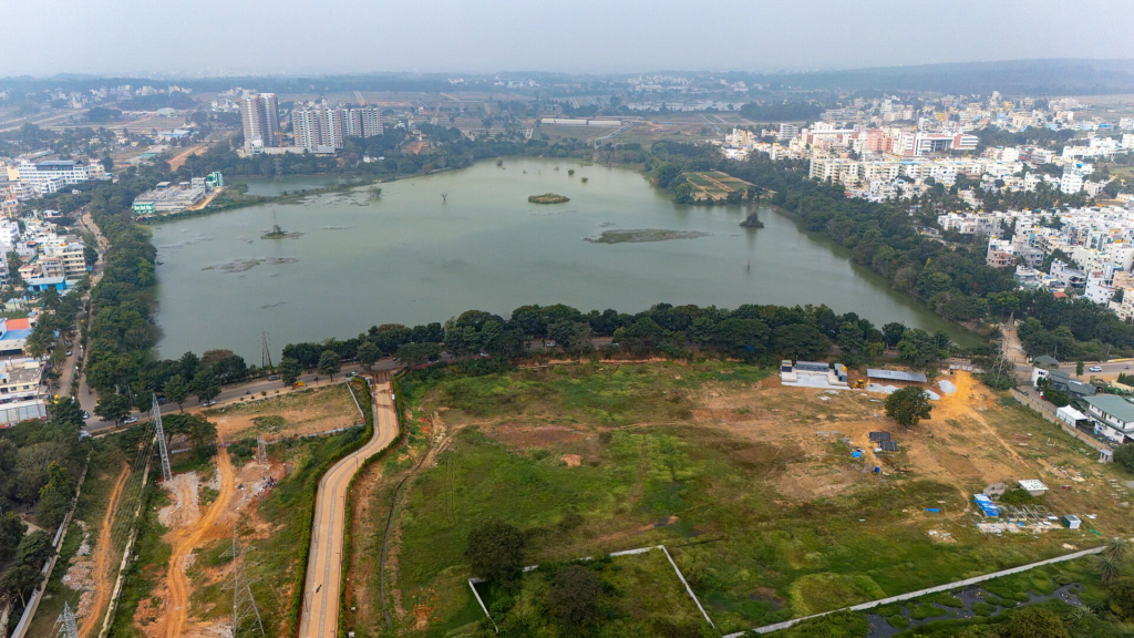 High-resolution aerial view of Attur Lake and the surrounding Bengaluru urban landscape