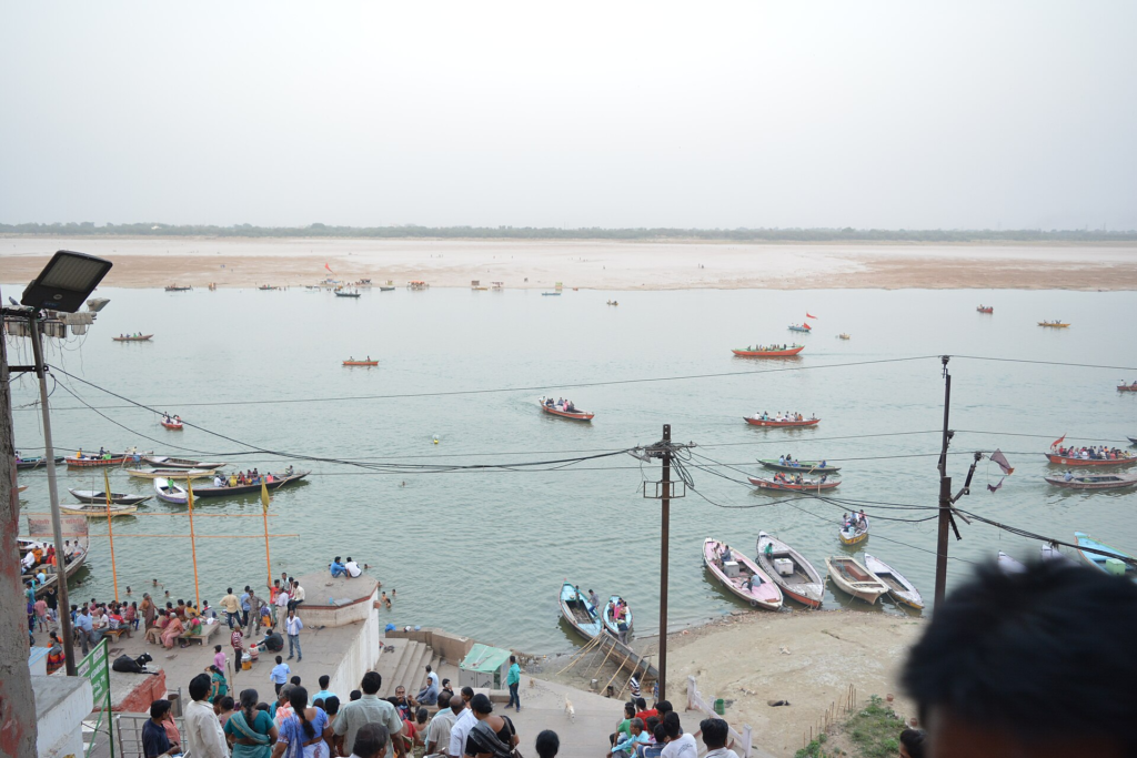 Boats and public activity at the ghats of Varanasi