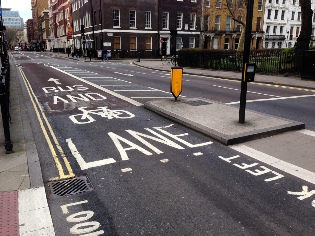 A London bus-and-cycle lane illustrating shared low-carbon street space