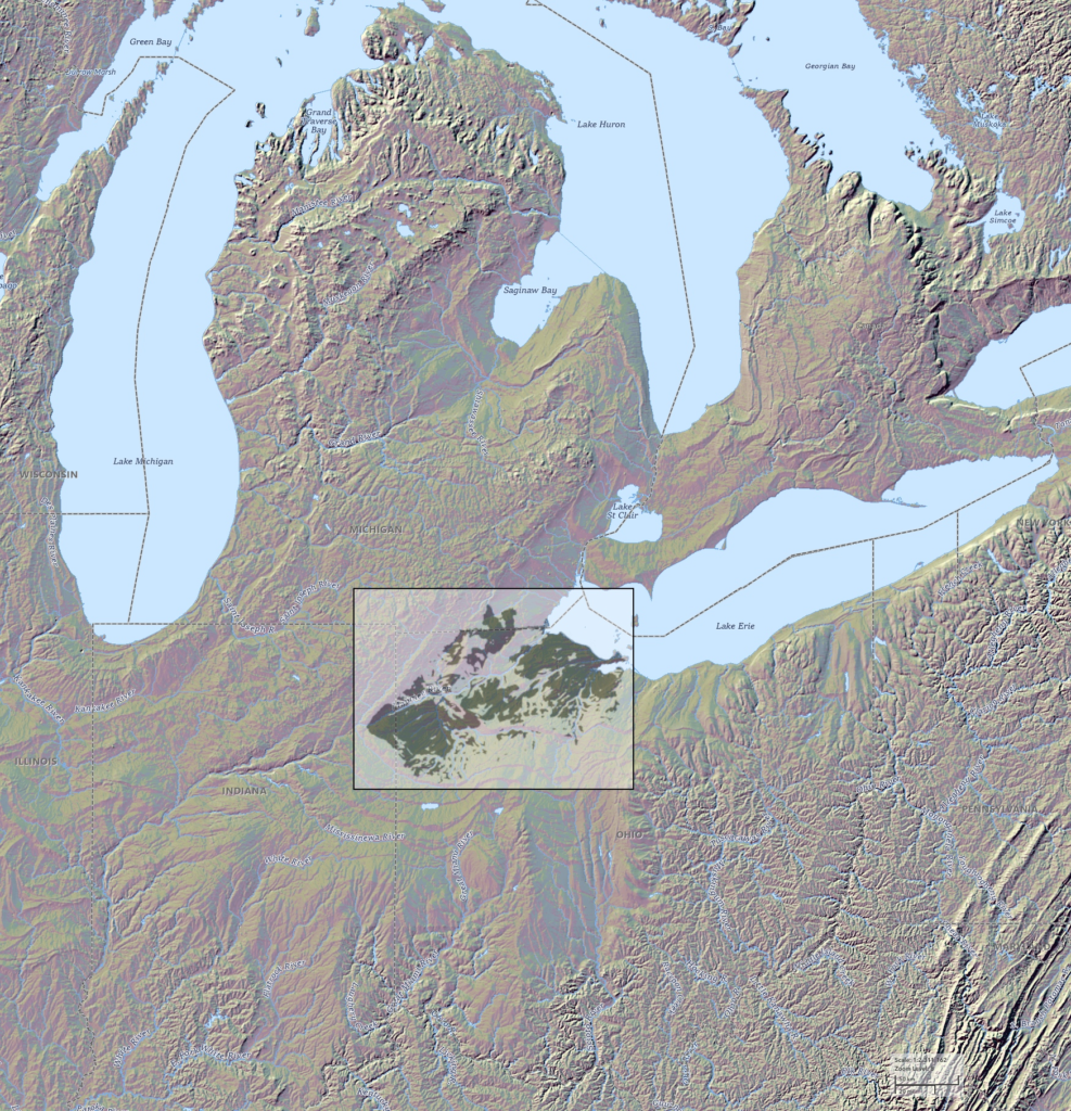 Digital elevation model and hillshade visualisation of the Great Black Swamp, showing terrain-derived landform patterns