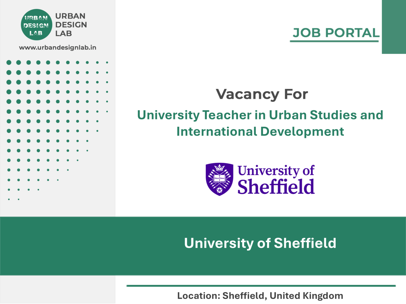 University of Sheffield Hiring University Teacher in Urban Studies in Sheffield