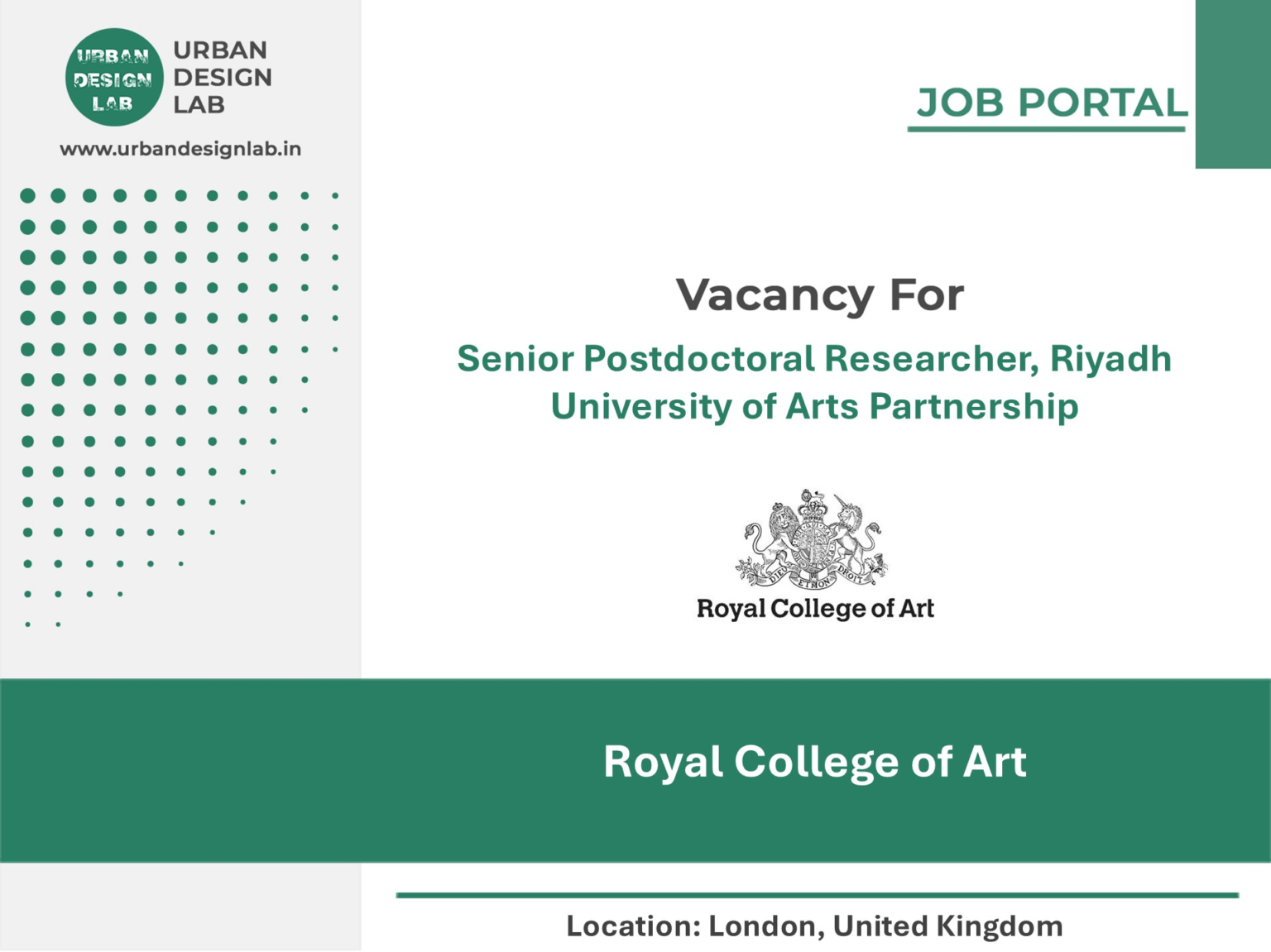Royal College of Art Hiring Senior Postdoctoral Researcher, Riyadh University of Arts Partnership in London